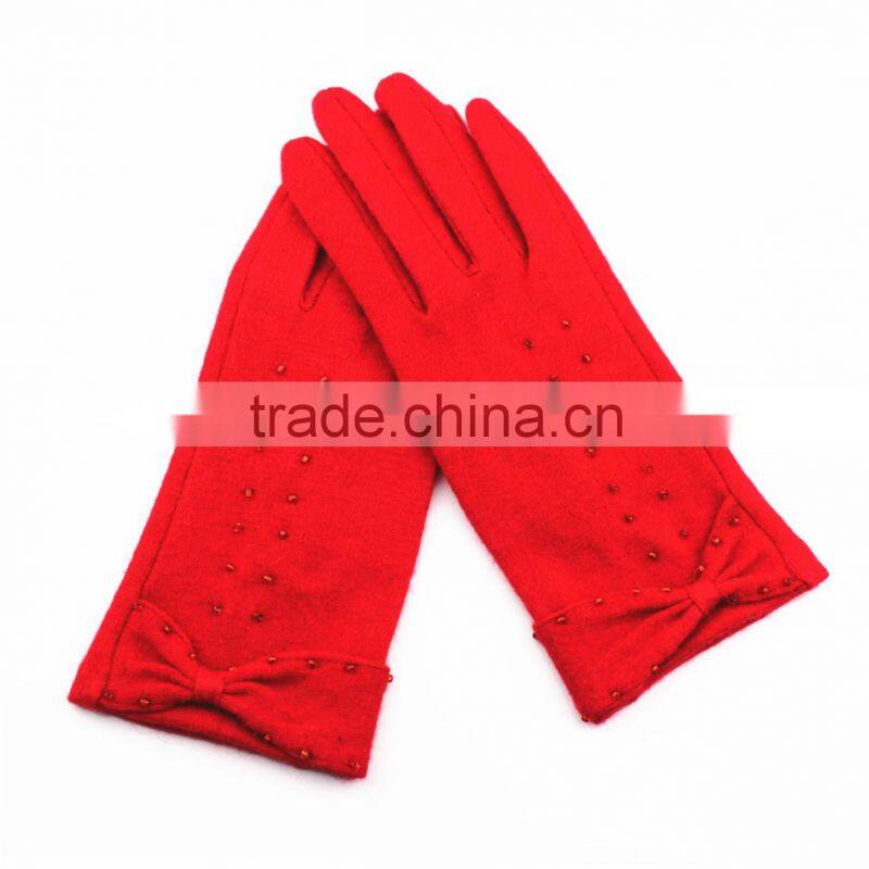 Women Simplex Beading Cuff Red Wool Knitted Glove