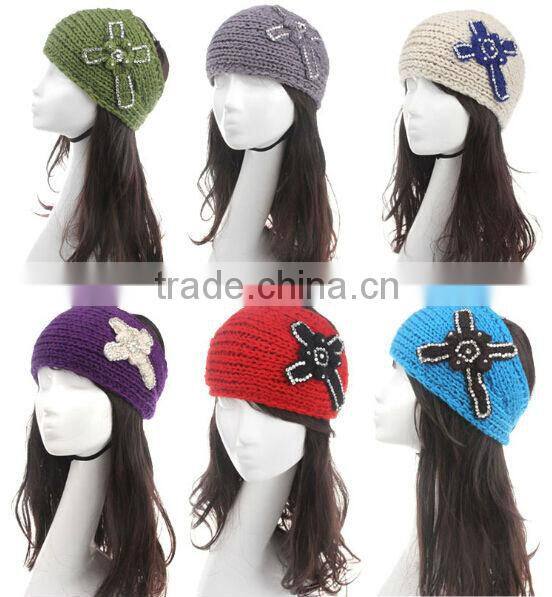 Fashion Rhinestone Cross Knit Crochet Headwrap