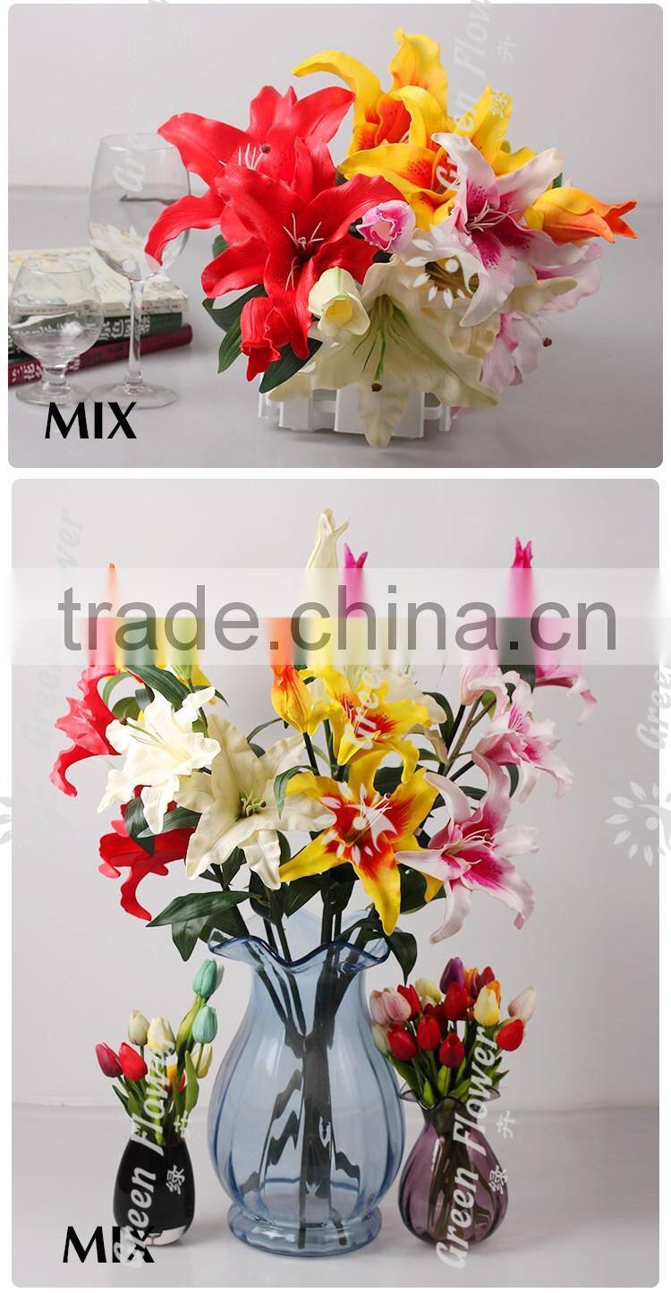 2016 Wholesale 3 heads Latex Artificial PU Flowers Lily Real Touch Bouquet Wedding Bridal Decor Display Flower