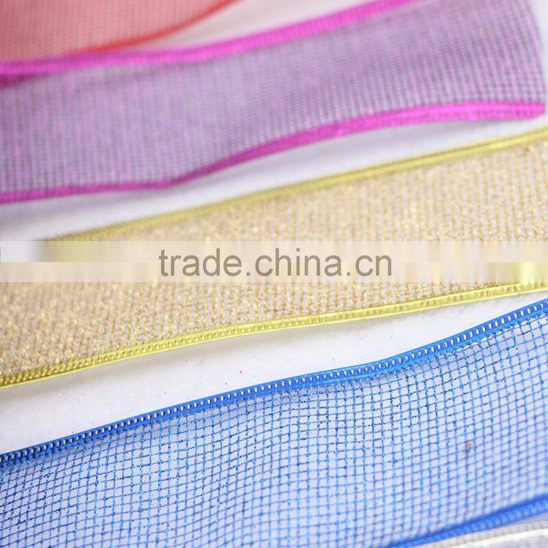 merry christmas wired edge mesh fabric christmas ribbon for christmas trees decorative large size small packing factory price