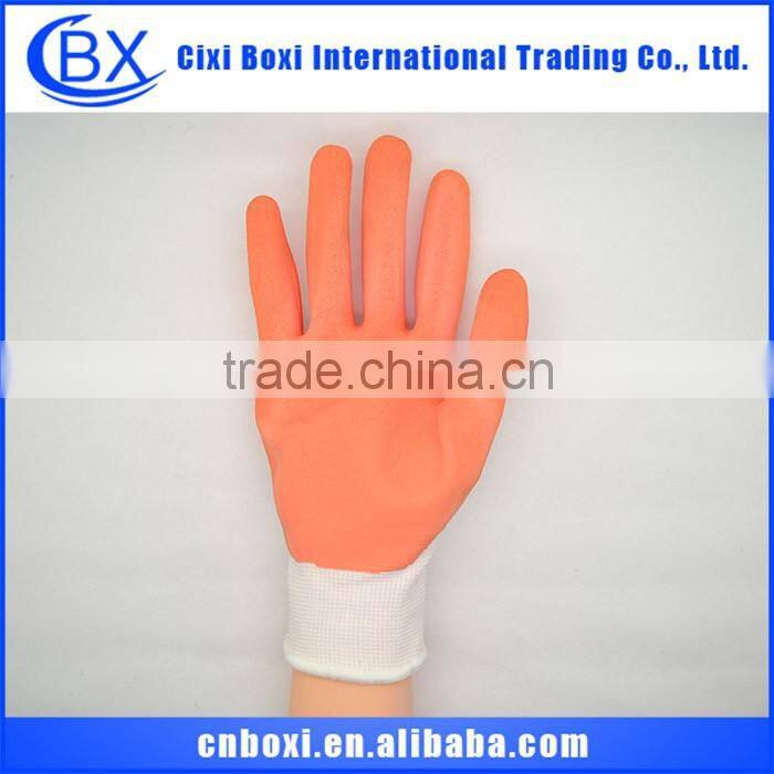 Comfortable orange&white durable safety glove,nylon sandy nitrile glove