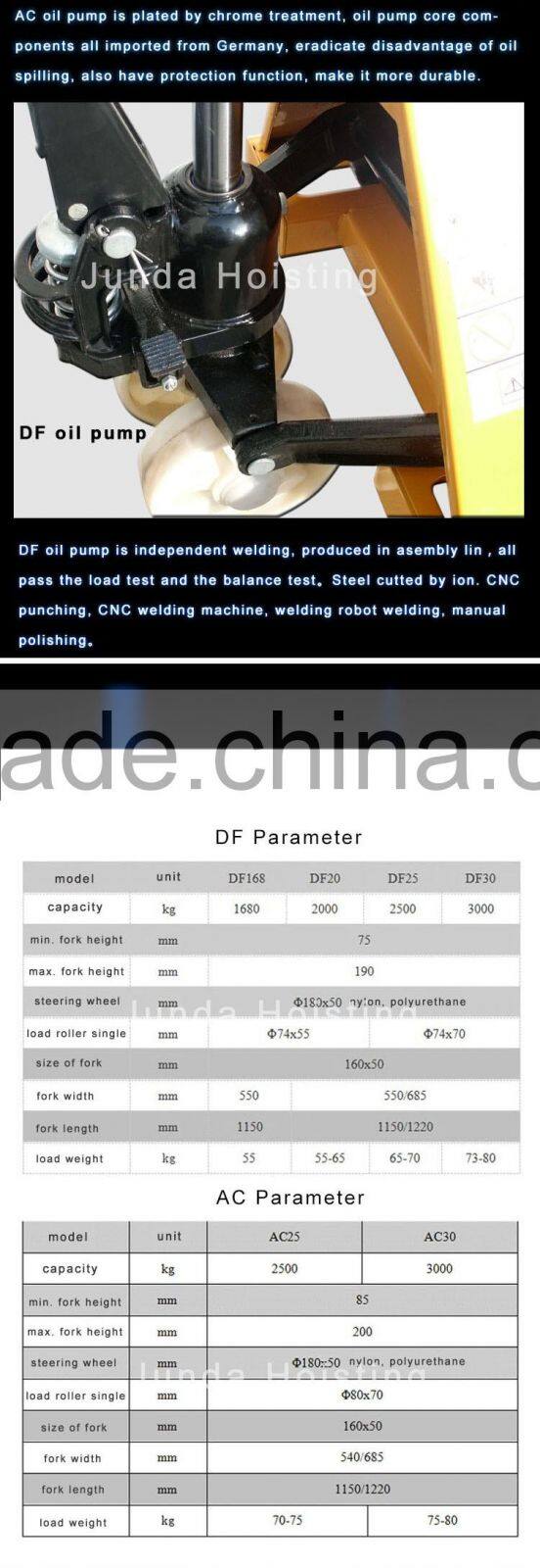 Hebei Junda Professional factory price alloy steel 1ton-5 ton hydraulic hand pallet trucks