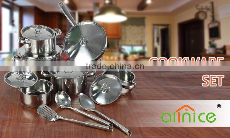 Non-magnetic stainlesss teel induction cookware set with 3pcs kithchen utensils