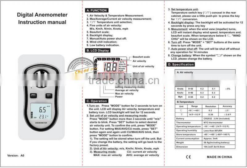 2014 Newest Digital Wind Vane Anemometer with LCD Backlight