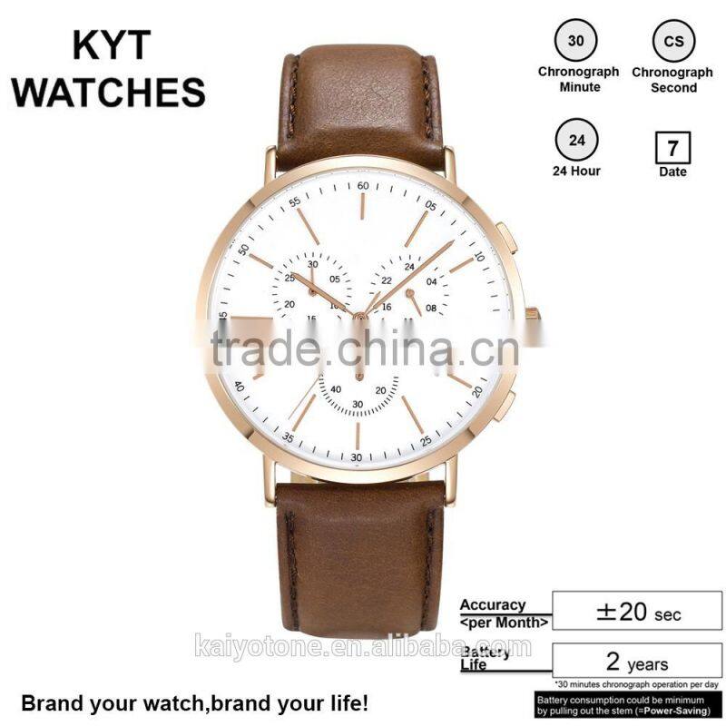 2016 KYT Japan Movt Quartz Watch Stainless Steel back 10atm Water Resistant leather band Chronograph Men Gift WristWatches
