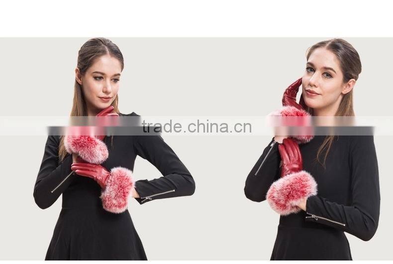 Hot Pink Lamb Leather Gloves With Fluffy Fox Fur Trim Fashion Leather Wrist Gloves