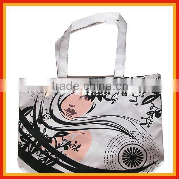 2014 cotton PVC coated shopping bag with pocket/pouch and polyester lining