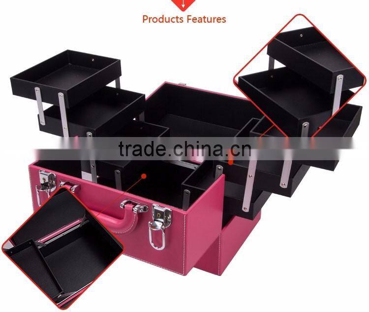 2016 new professional pvc leather makeup case red beauty box cosmetic organizer with 4 trays