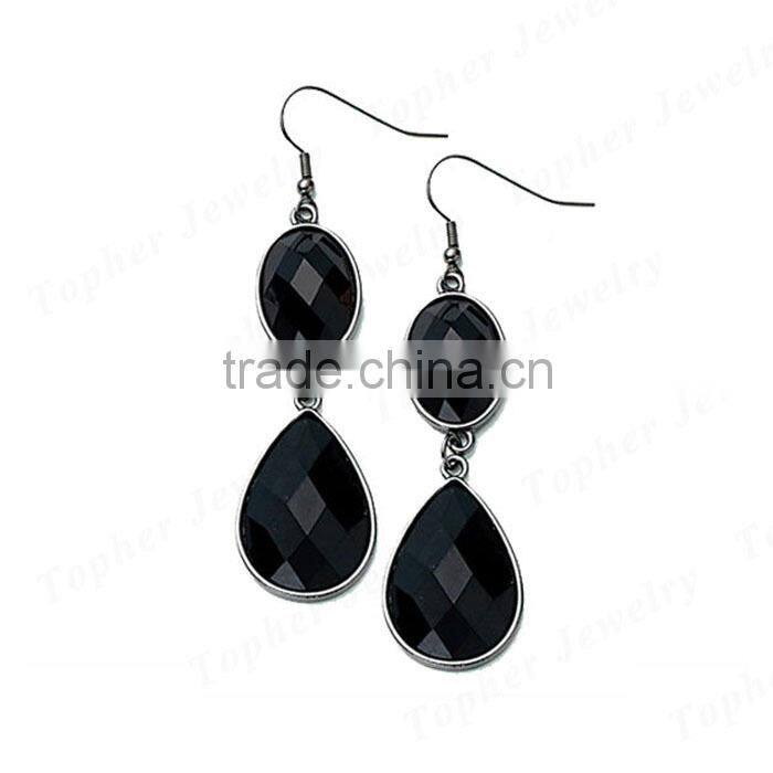 Wholesale jewelry 925 Silver pear shaped black stone bead earrings