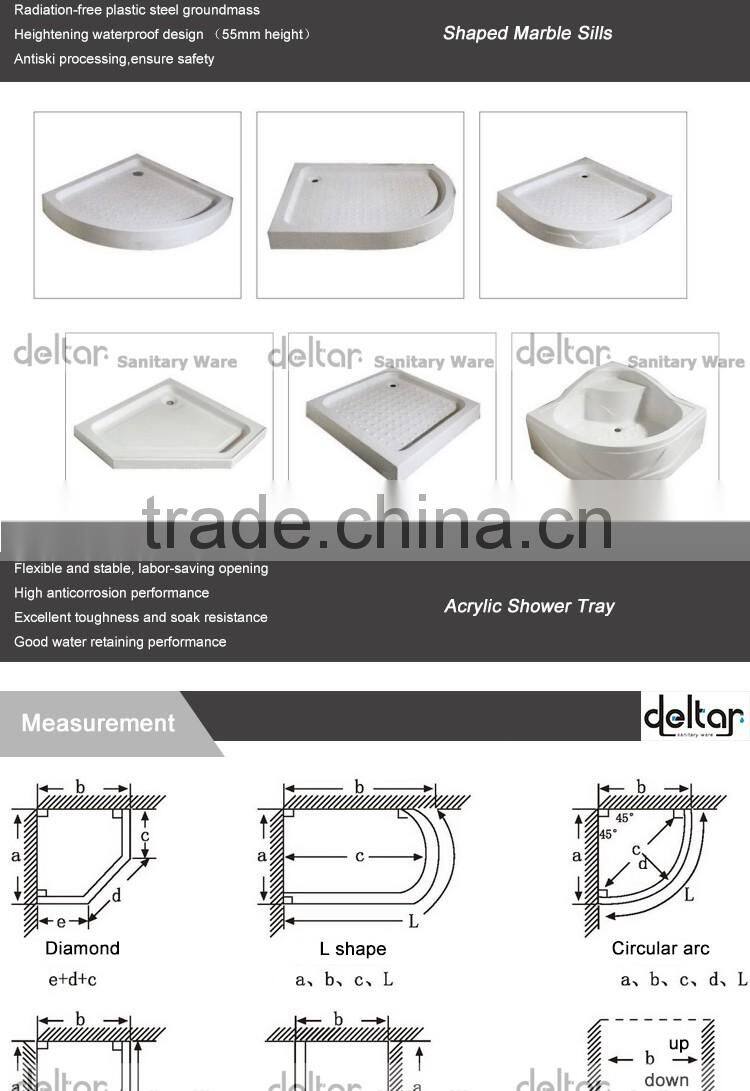 stainless steel roller CHEAP PRICE fan-shaped shower room with acrylic tray tempered glass shower enclosure