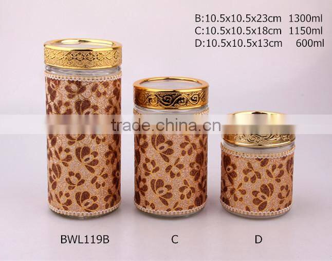 glass storage jar with plastic lid and leather