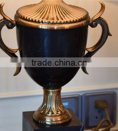Trophy design black jade body brass decoration table lamp with fabric lampshade