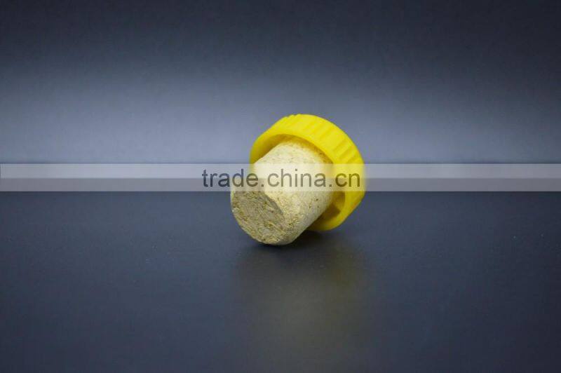Shiny yellow plastic cap with wooden cork for glass bottle cheap price
