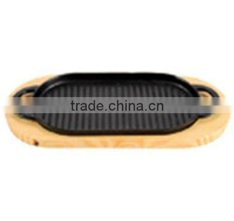 Cast iron steak baking pan with wood tray,grill plate