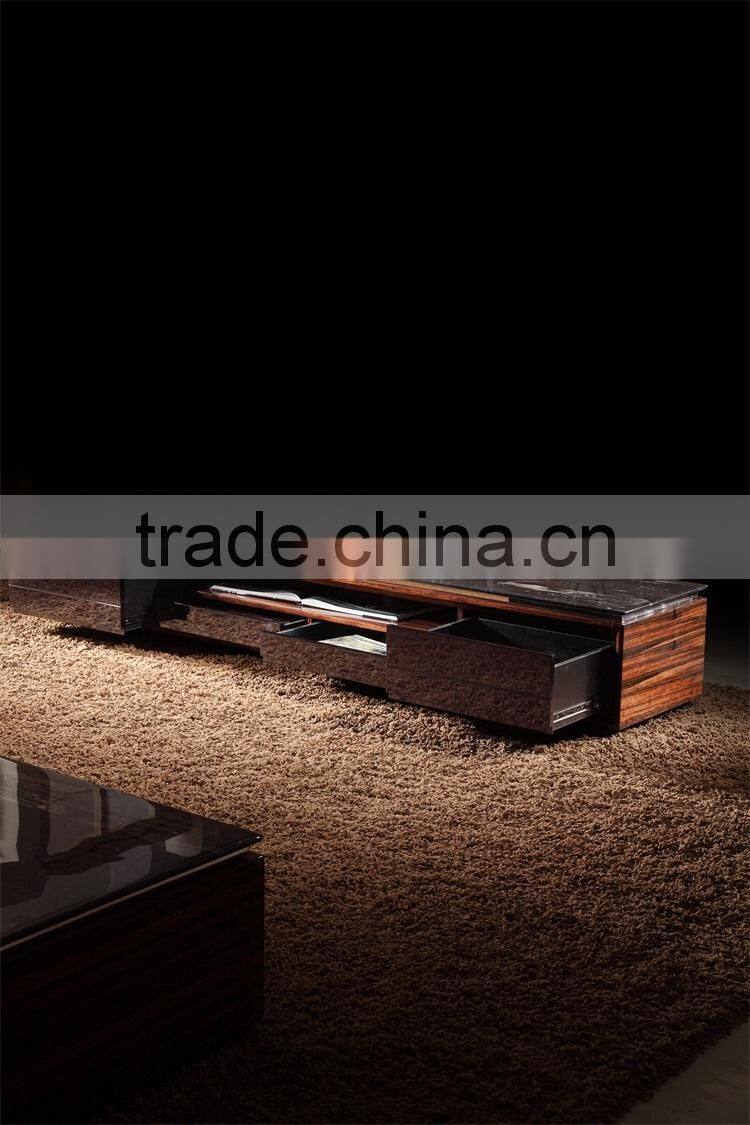 2015 Modern latest Italy ebony veneer TV stand with marble top