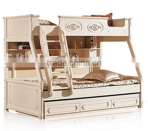 European Classic Rococo Style Pure White Wood Stairway Bunk Bed with Drawers BF11-09183a