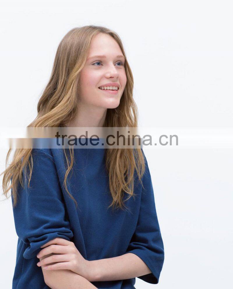 fashion cutting ladies loose top fleece cotton three quarter sleeve lady blouse