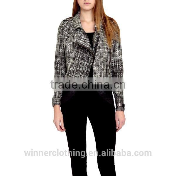 Latest design lapel collar front zipper open long sleeve lady/woman fashion jacket&blazer
