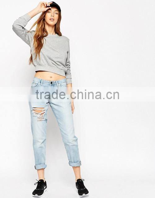Wholesale ladies solid color cropped crewneck sweatshirt