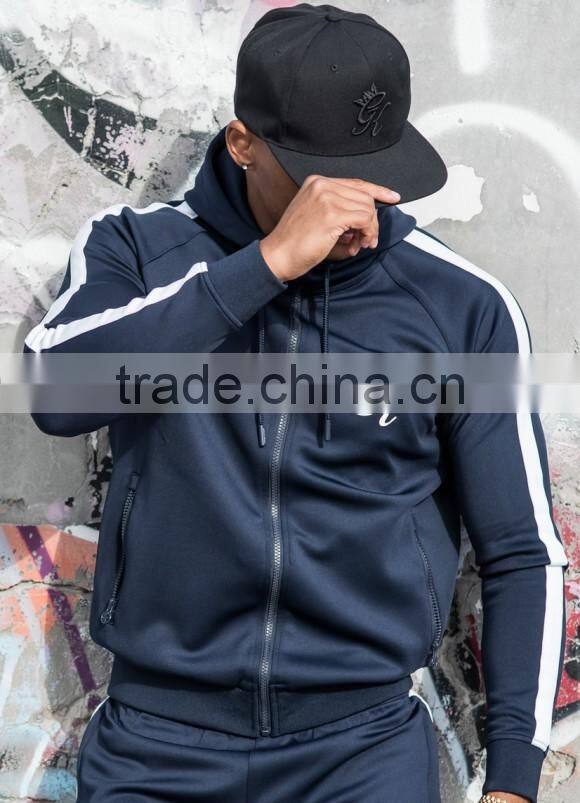 Navy Polyester Tracksuit Tops Slim Fit Men's Full Zip Hoodie Raglan Contrast Hoodie Top Muscle Hoodie Jacket OEM