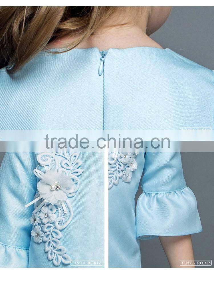Girls A-line Puff Sleeve Dresss With Flower Pattern Blue Stain Dress Designs For Girl OEM Service