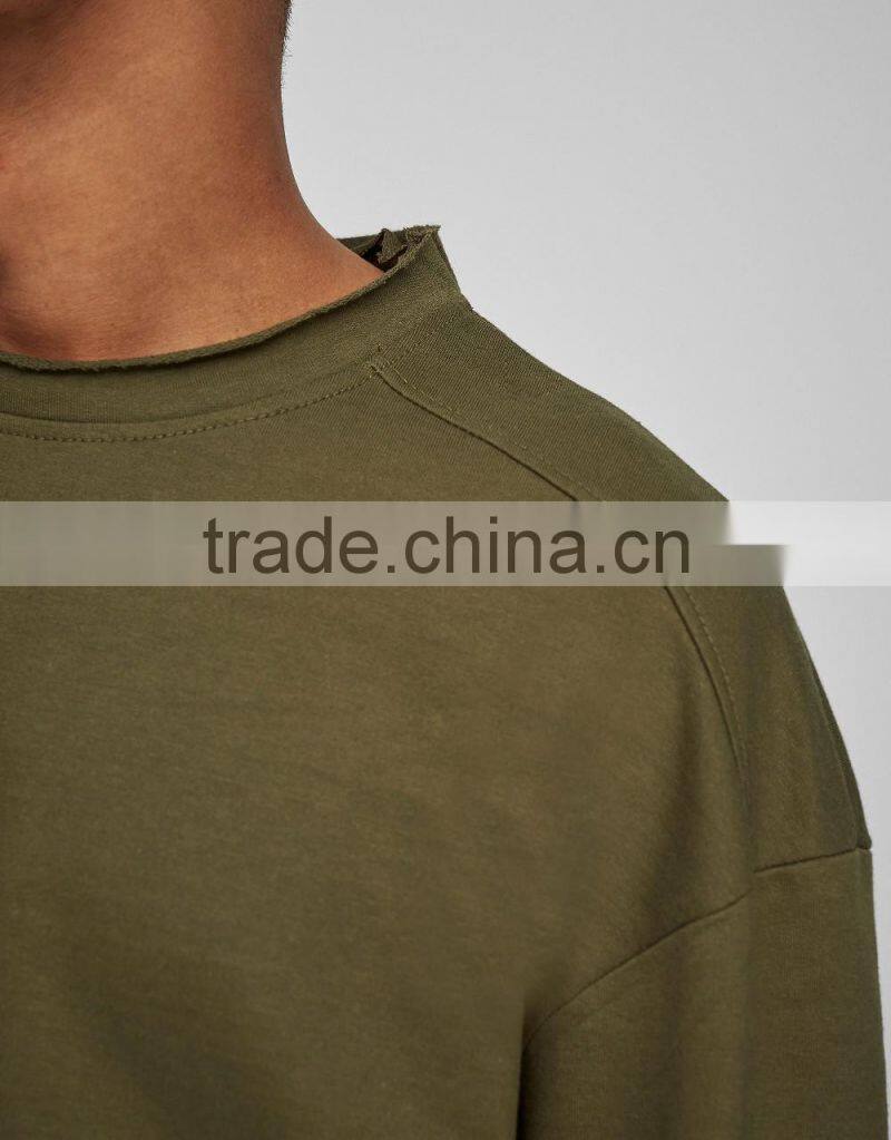 High Quality Men Custom Plain French terry Crewneck Raw Hem Oversized Sweatshirts with 3/4 Sleeve