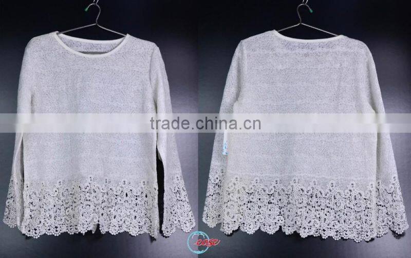 2016 white cotton crochet hem sweater