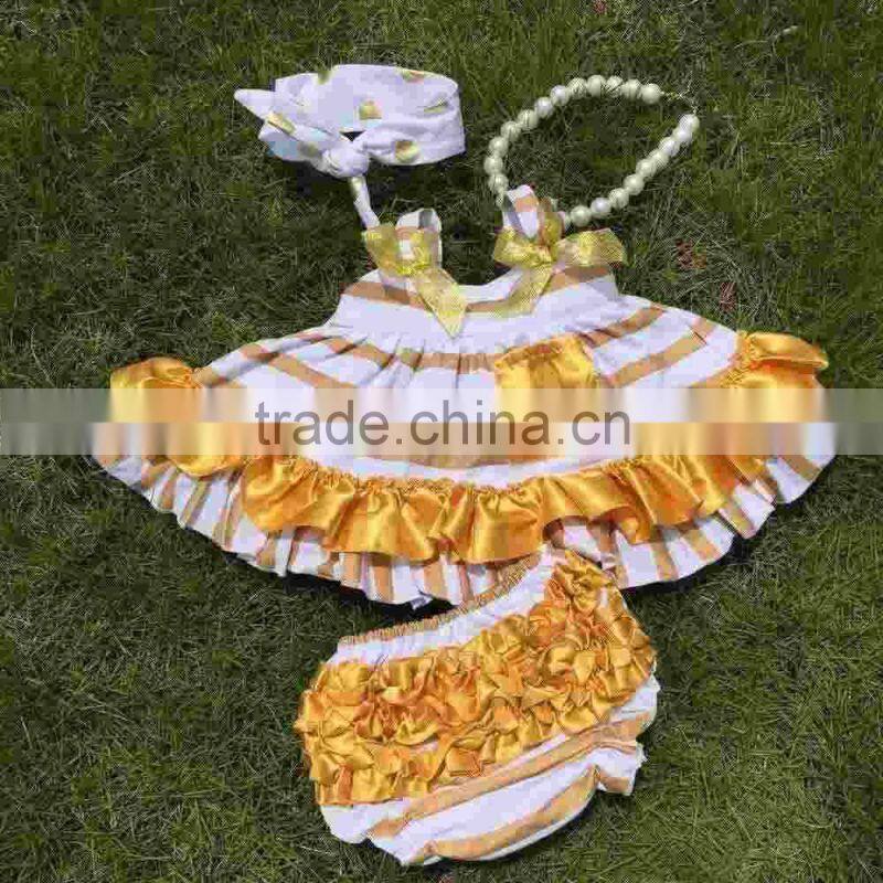 hot golden stripe swing top sets newborn girl clothes kids swing top sets with necklace and headband