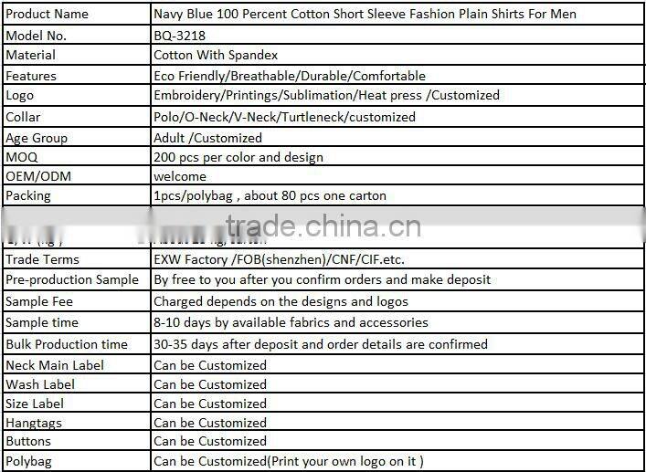 Navy Blue 100 Percent Cotton Short Sleeve Fashion Plain Shirts For Men