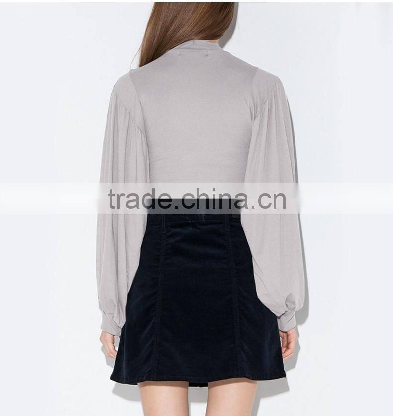 Women's OL slim fit high collar lantern sleeve long sleeve gray t shirt