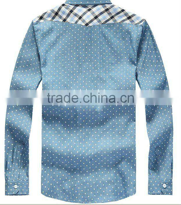 latest 100% cotton light blue dot denim cowboy long sleeve casual shirt for men with one pocket