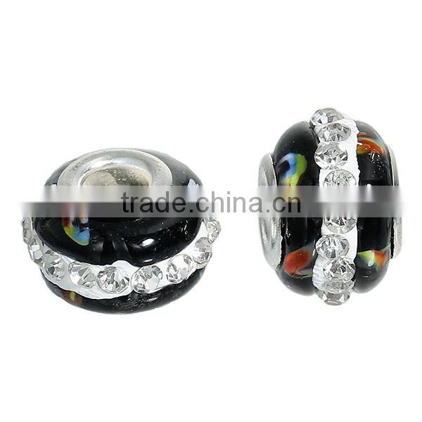 Lampwork Glass European Style Large Hole Charm Beads Round Silver Plated Core Black Clear Rhinestone