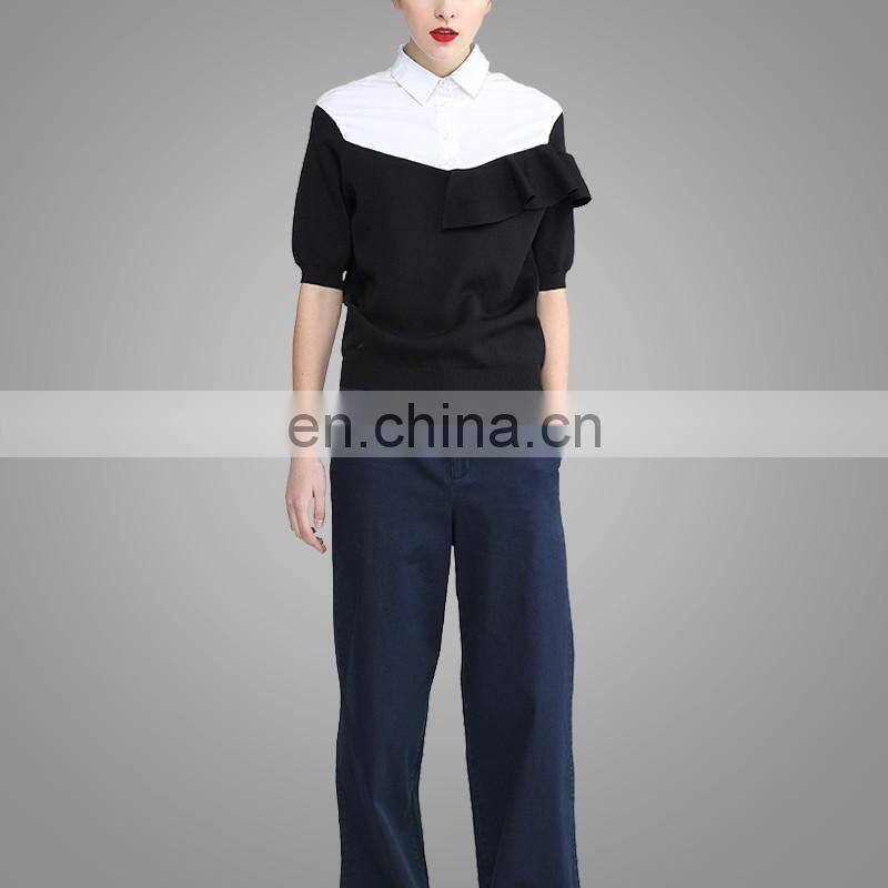 Ladies uniform blouses cool fashion blouses long sleeve joint knitted blouses for women
