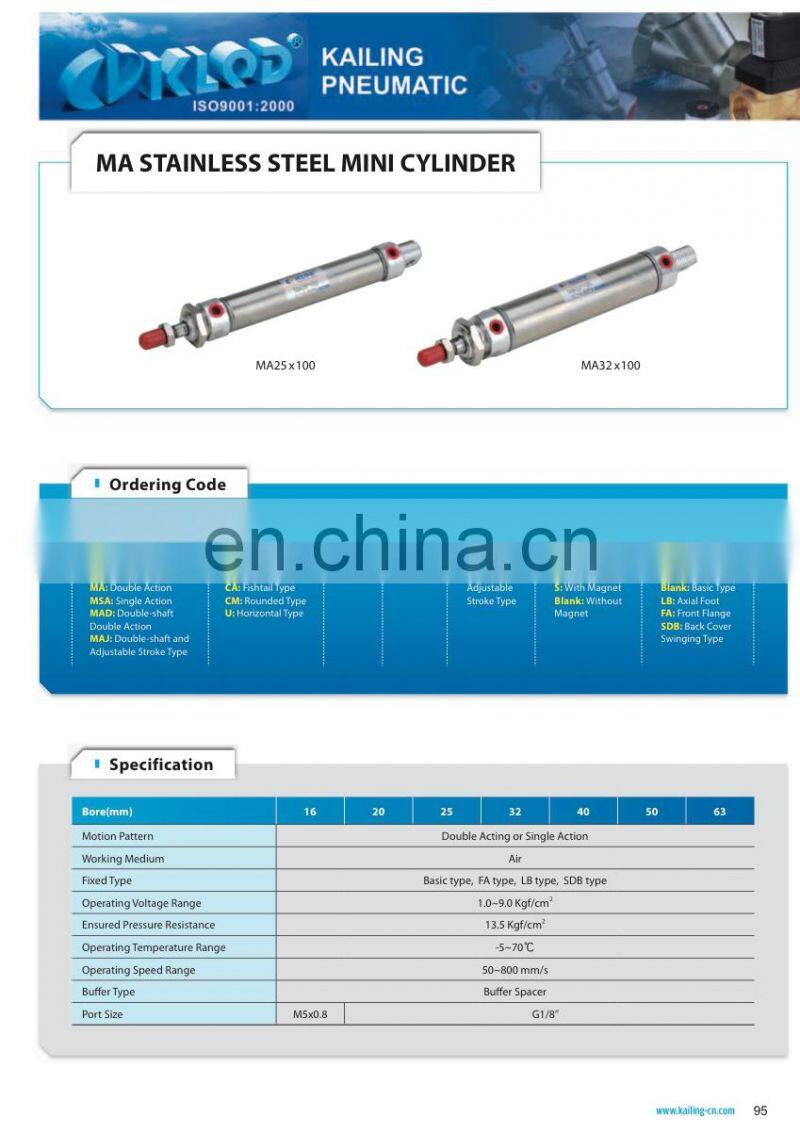 China MA Stainless Steel Mini Pneumatic Air Cylinder,Single/Double Cylinder