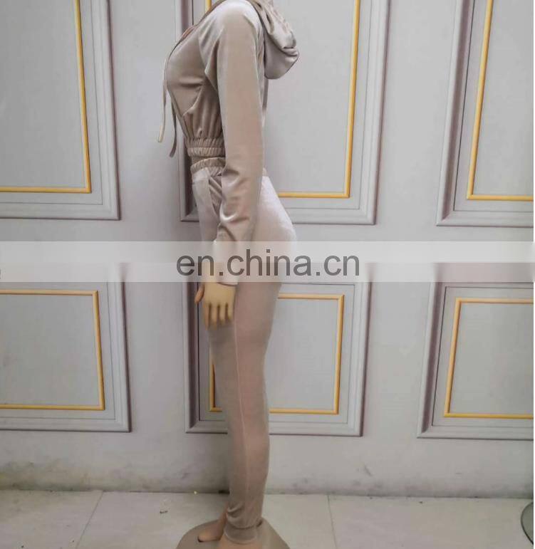 New Fashion Women Autumn Winter Casual Fleece Zipper Hooded Short Tops Long Sleeve Tops + Pants Suit pants set two piece set