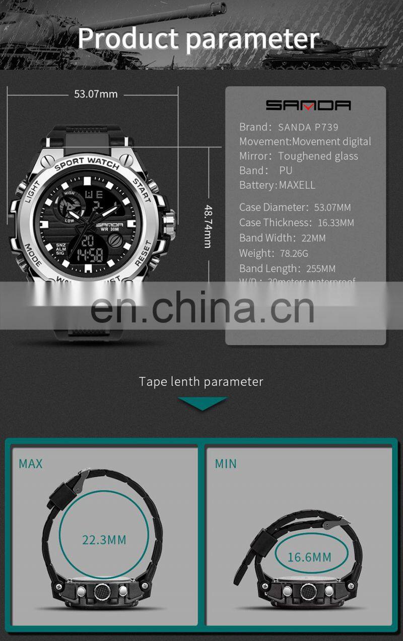 Sanda 739 Analog Digital Backlight Watches Mens Waterproof Analog Quartz Unique Army Green Gents Sport Wrist Watch For Boys