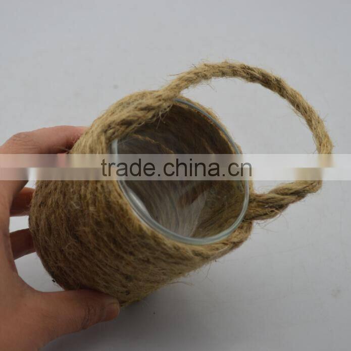 2015 new designs hanging hemp rope Wrapped glass candle holders glassware for candles