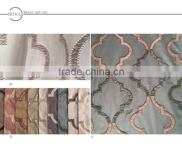 Poly-cotton canvas embroidered window curtain fabric color:blue,red,coffee, beige,ecru,white