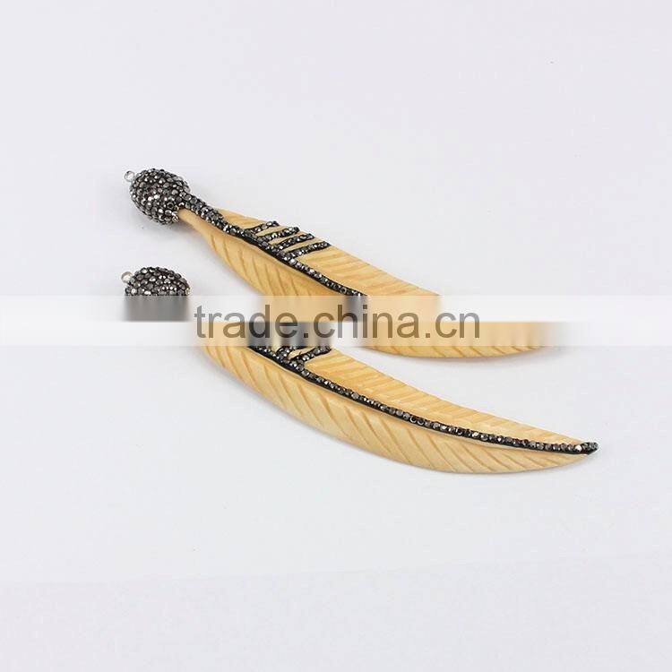 PC1603 Carved Ox Bone Leaf Feather Pendant with Crystal Zircon Pave, Long Textured Feather Necklace Pendant