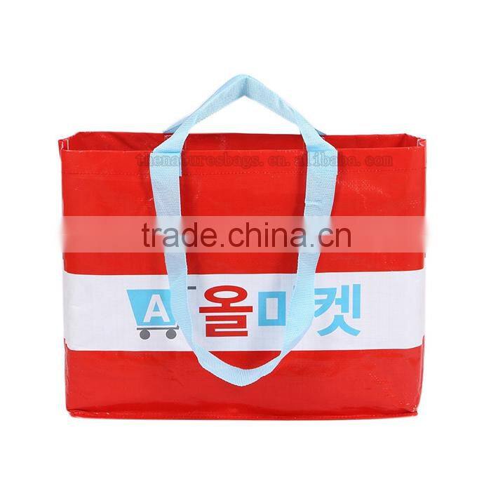 Exceptional Quality Custom Printing Logo Grocery Red Blue White Stripes Women Bag
