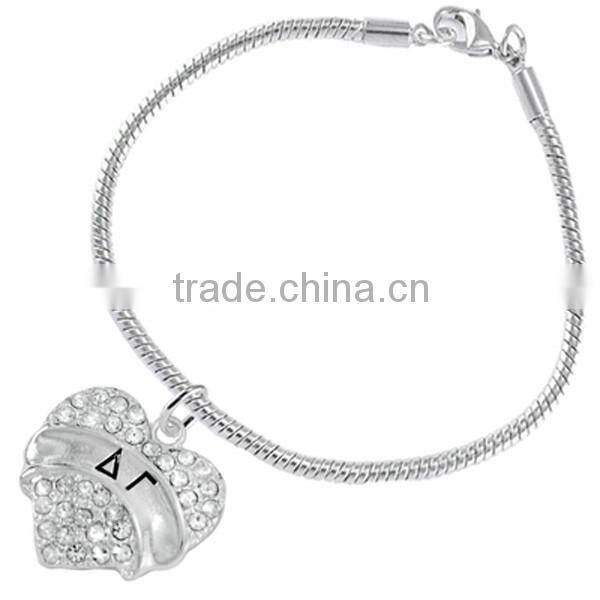 Genuine Austrian Clear Crystal "Delta Gamma" Greek Sorority Heart Charm Chain Link Bracelet