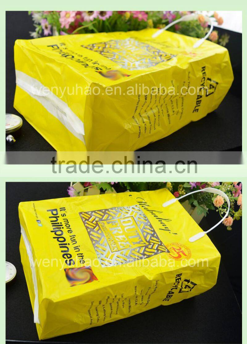 shopping plastic handle bag , yellow printing square bottom side gusset plastic bag with paper card