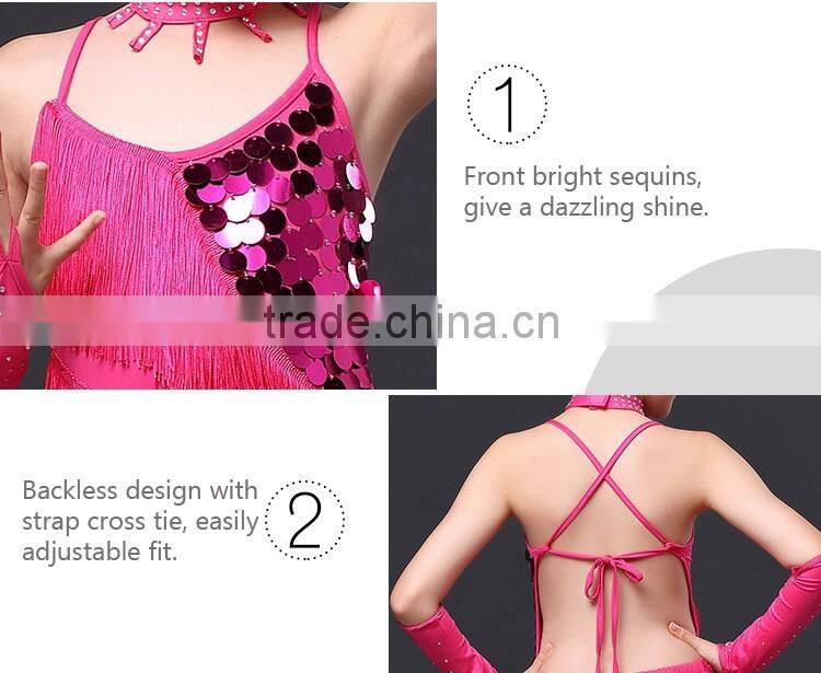 2016 Children Dance Skirt with Sleeves Sequins Latin Dresses Backless Fringe Children Latin Dance Dress for Girls Competition