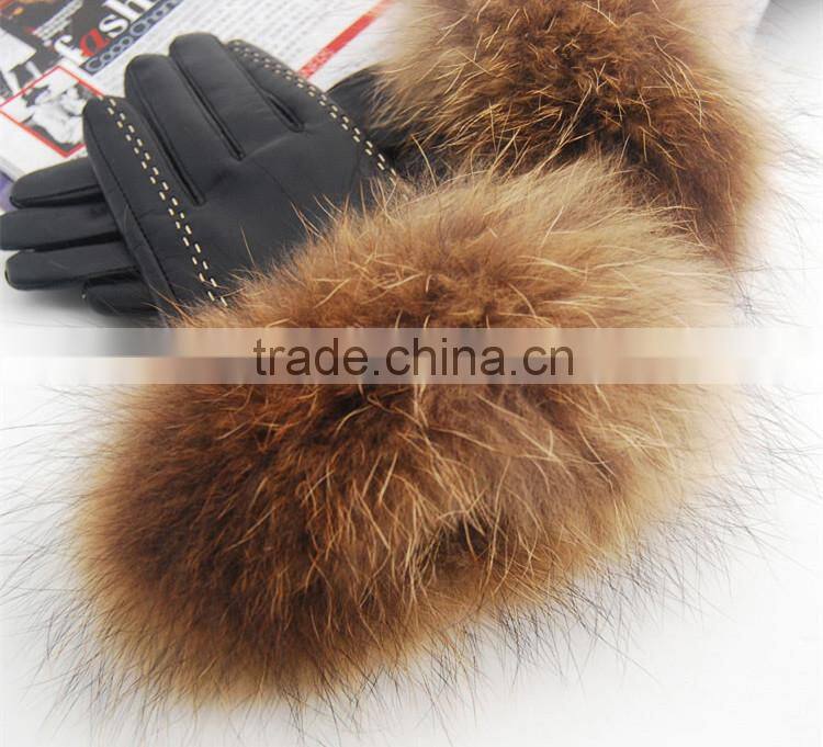 Womens Leather Gloves With Raccoon Fur Trim Black Genuine Sheep Leather With Lining