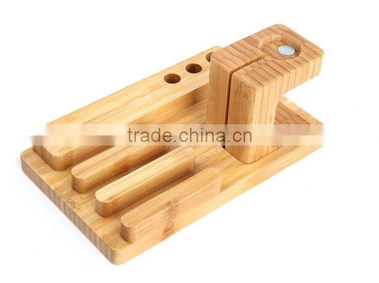 Bamboo Wood 3 in 1 Office Home Desk Cradle Holder with Phone Tablet Stand Wooden Holder