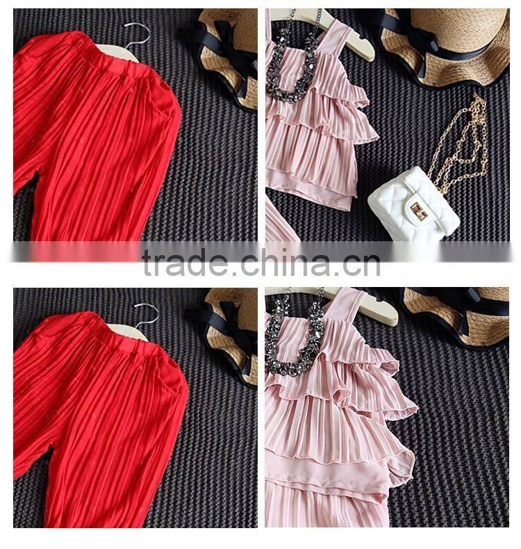 Lovely Pure Color 2-7 Years Girls Breathable Pleated Children Short Pants Suit with Vest