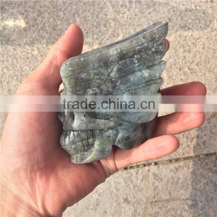 Natural Labradorite Skull Crystal Stone Angel Wings Ornaments