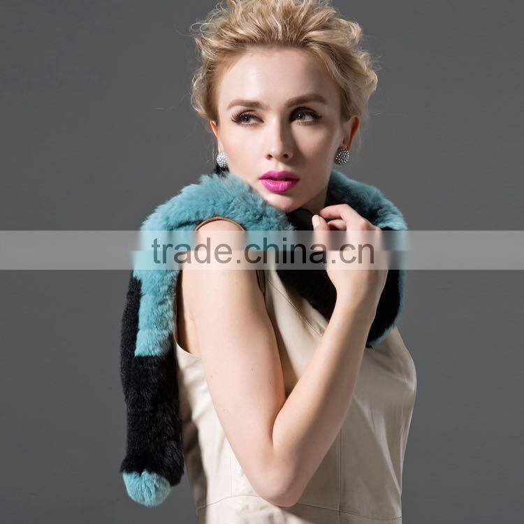 New Arrival Real Ladies Mixed Color Knitted Rex Rabbit Fur Scarf for Fashionable Girls'