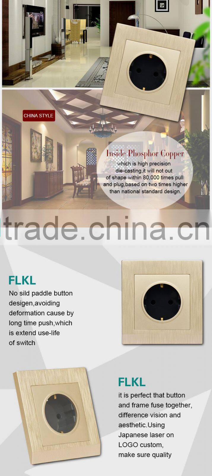 European standard luxury style gold pc panel 2 pole pin socket outlet and plug