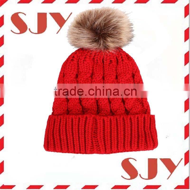 Women's Faux Fur Pom Pom Fleece Lined Knitted Slouchy Beanie Hat